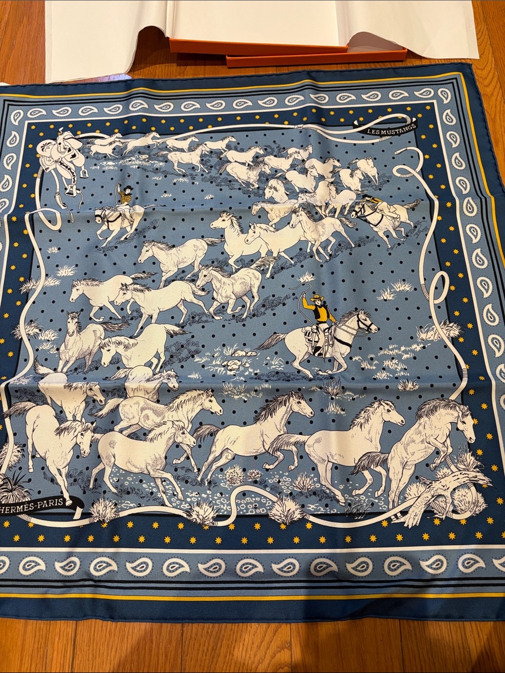 Hermes Blue and White Horse Print Silk Throw